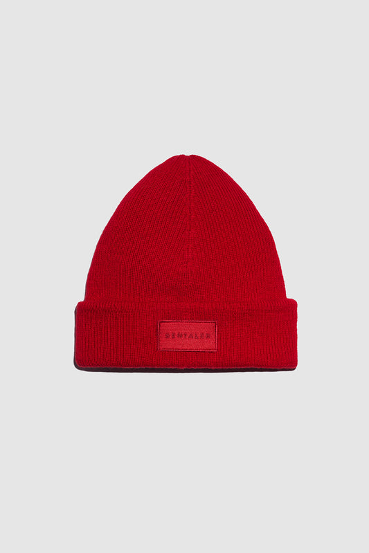Sentaler Alpaca Beanie crafted in Baby Alpaca and in Red. Seen as off figure.