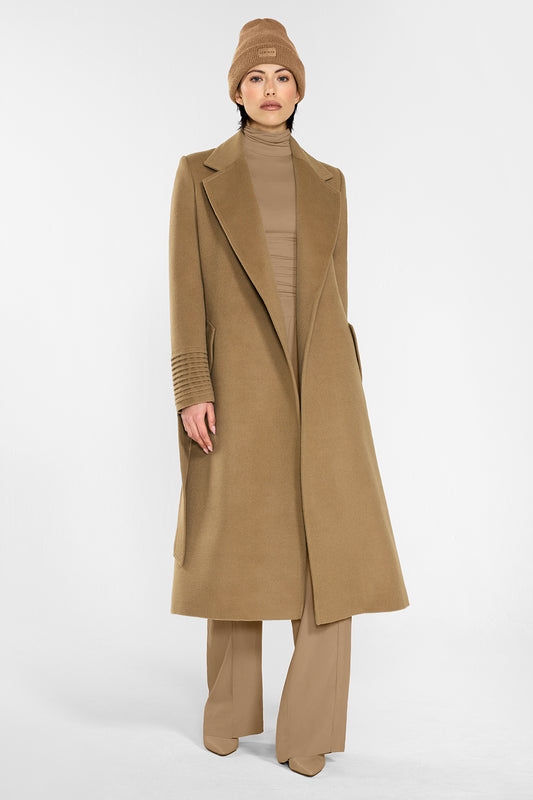 Sentaler Alpaca Beanie and Long Notched Collar Wrap Coat crafted in Baby Alpaca and in Dark Camel Brown. Seen from front close up on female model.