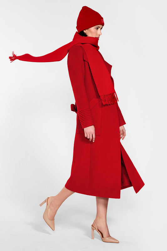 Sentaler Alpaca Beanie and Long Wide Collar Wrap Coat crafted in Baby Alpaca and in Red. Seen from side on female model.