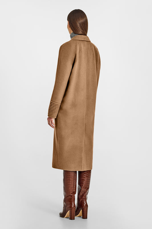 Sentaler Double Breasted Notched Collar Dark Camel Coat in Baby Alpaca wool. Seen from back on female model.