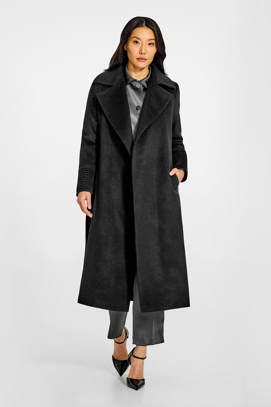 Sentaler Long Lapel Collar Wrap Black Coat in Baby Alpaca wool. Seen from front open on female model.