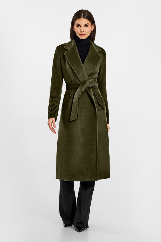 Sentaler Long Notched Collar Wrap Olive Green Coat in Baby Alpaca wool. Seen from front belted on female model.