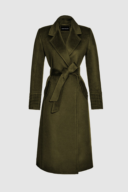 Sentaler Long Notched Collar Wrap Olive Green Coat in Baby Alpaca wool. Seen as belted off figure.