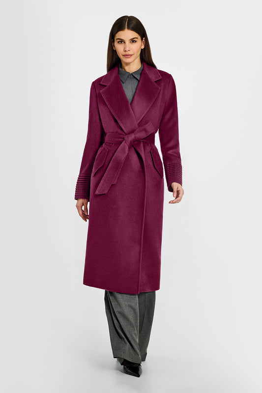 Sentaler Long Notched Collar Wrap Plum Berry Coat in Baby Alpaca wool. Seen from front belted on female model.