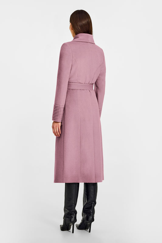 Sentaler Long Wide Collar Wrap Peony Pink Coat in Baby Alpaca wool. Seen from back belted on female model.