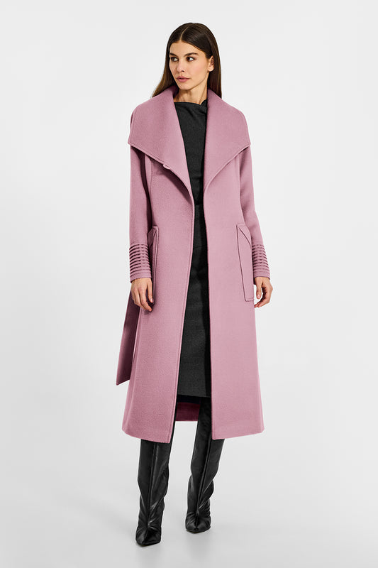 Sentaler Long Wide Collar Wrap Peony Pink Coat in Baby Alpaca wool. Seen from front open on female model.