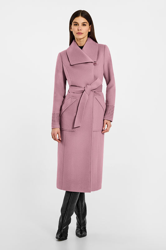 Sentaler Long Wide Collar Wrap Peony Pink Coat in Baby Alpaca wool. Seen from front belted on a female model.