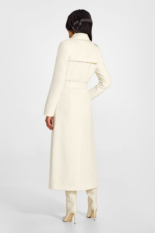 Sentaler Maxi Trench Ivory Coat in Baby Alpaca wool. Seen from back belted on female model.