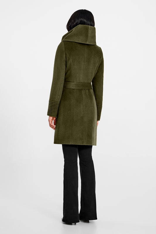 Sentaler Mid Length Hooded Wrap Olive Green Coat in Baby Alpaca wool. Seen from back belted on female model.
