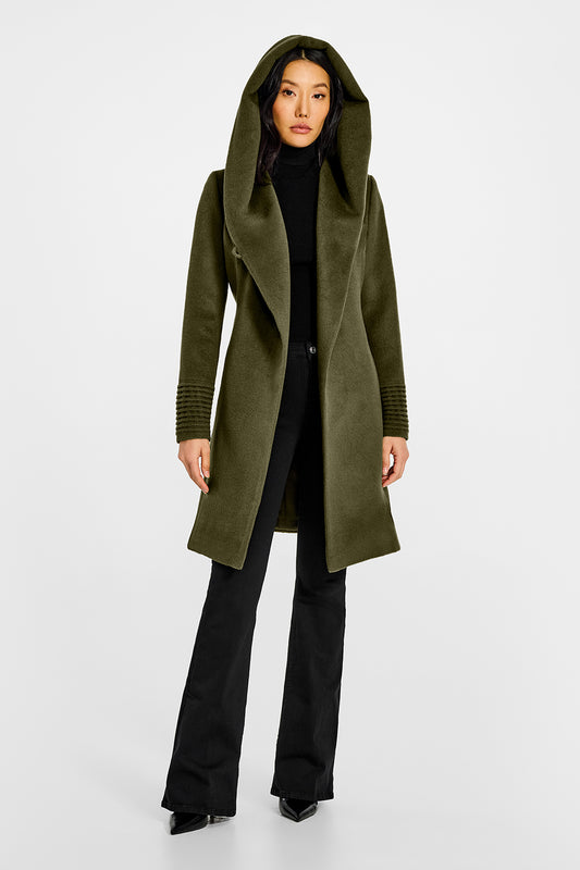 Sentaler Mid Length Hooded Wrap Olive Green Coat in Baby Alpaca wool. Seen from front open with hood on female model.