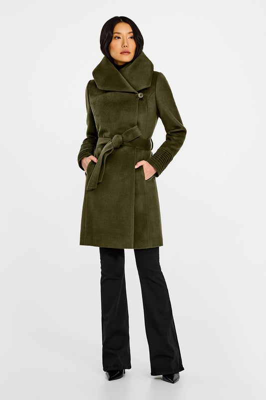 Sentaler Mid Length Hooded Wrap Olive Green Coat in Baby Alpaca wool. Seen from front belted on female model.