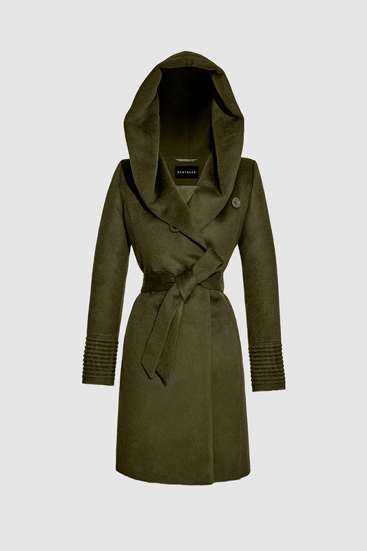 Sentaler Mid Length Hooded Wrap Olive Green Coat in Baby Alpaca wool. Seen as belted off figure.