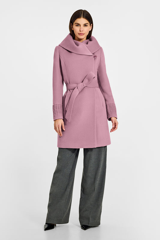 Sentaler Mid Length Hooded Wrap Peony Pink Coat in Baby Alpaca wool. Seen from front belted on female model.