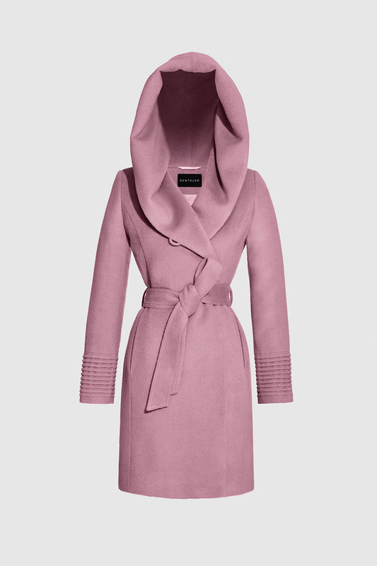 Sentaler Mid Length Hooded Wrap Peony Pink Coat in Baby Alpaca wool. Seen as belted off figure with hood.