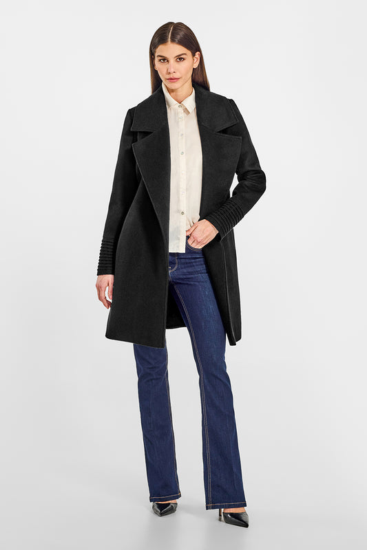 Sentaler Mid Length Large Notched Collar Wrap Black Coat in Baby Alpaca wool. Seen from front open on female model.