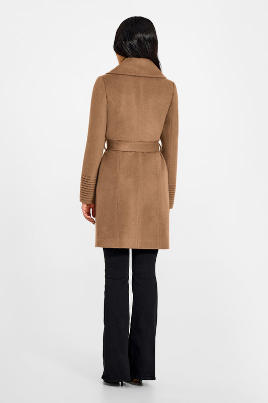 Sentaler Large Notched Collar Wrap Dark Camel Coat in Baby Alpaca wool. Seen from back belted on female model.