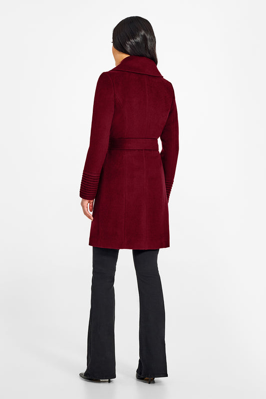 Sentaler Large Notched Collar Wrap Garnet Red Coat in Baby Alpaca wool. Seen from back belted on female model.