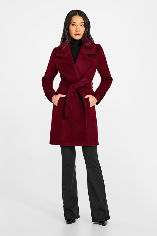 Sentaler Large Notched Collar Wrap Garnet Red Coat in Baby Alpaca wool. Seen from front belted on female model.