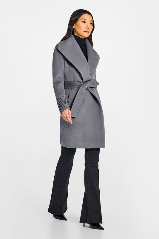 Sentaler Mid Length Shawl Collar Wrap Graphite Coat in Baby Alpaca wool. Seen from side belted on female model.