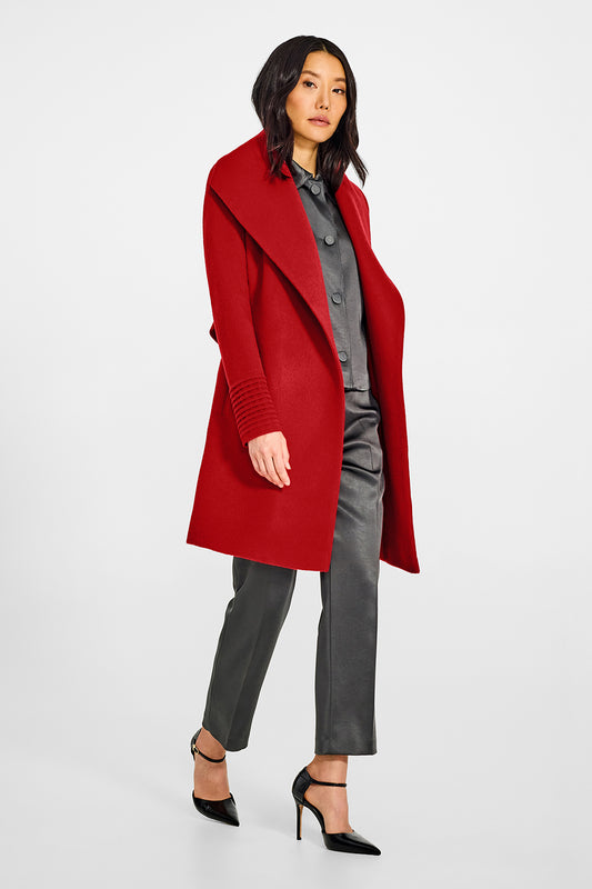 Sentaler Mid Length Shawl Collar Wrap Scarlet Red Coat in Baby Alpaca wool. Seen from side open on female model.