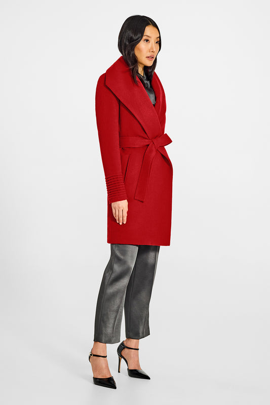 Sentaler Mid Length Shawl Collar Wrap Scarlet Red Coat in Baby Alpaca wool. Seen from side belted on female model.