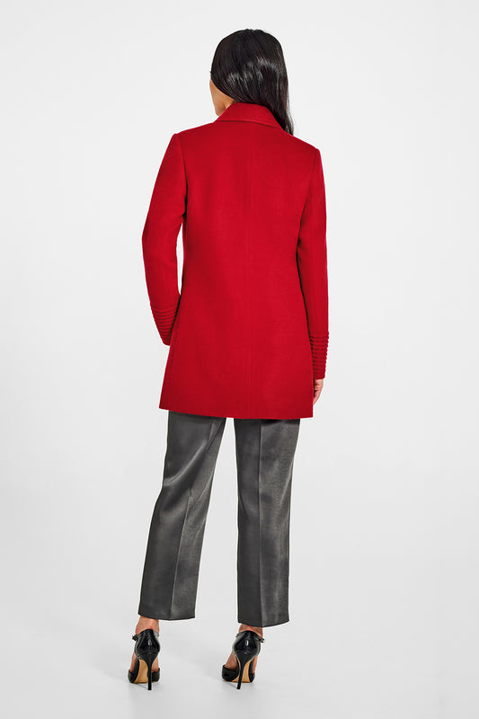 Sentaler Peak Collar Scarlet Red Topcoat in Baby Alpaca wool. Seen from back on female model.