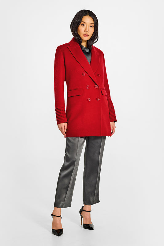 Sentaler Peak Collar Scarlet Red Topcoat in Baby Alpaca wool. Seen from front on female model.
