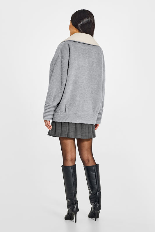 Sentaler Bouclé Alpaca Aviator Glacial Grey Jacket in Bouclé Alpaca wool. Seen from back on female model.