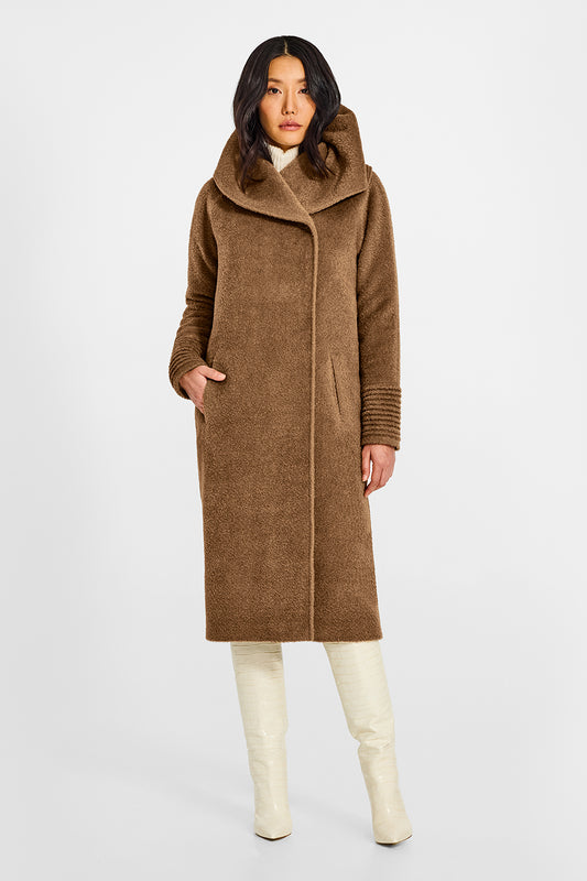 Sentaler Bouclé Alpaca Long Hooded Dark Camel Coat in Bouclé Alpaca wool. Seen from front on female model.
