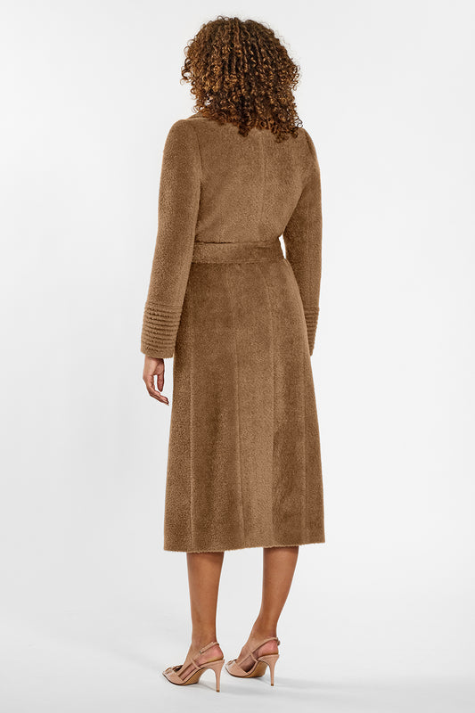 Sentaler Bouclé Alpaca Long Notched Collar Wrap Coat crafted in Bouclé Alpaca wool and in Dark Camel. Seen from back belted on female model.