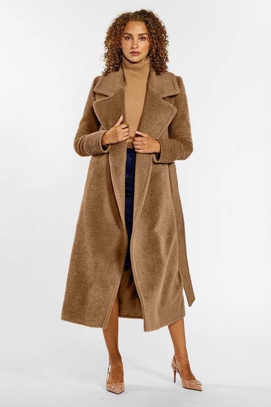 Sentaler Bouclé Alpaca Long Notched Collar Wrap Coat crafted in Bouclé Alpaca wool and in Dark Camel. Seen from front open on female model.