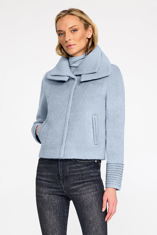 Sentaler Bouclé Alpaca Double Collar Moto Powder Blue Jacket in Bouclé Alpaca wool. Seen from front above the knees on female model.