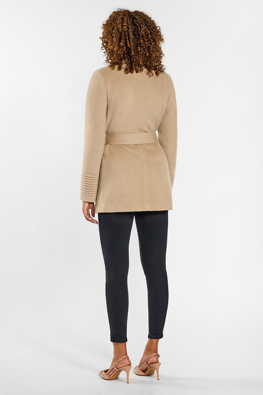Sentaler Cropped Notched Collar Wrap Coat with Square Pockets crafted in Baby Alpaca and in Camel. Seen from back on female model wearing the coat belted.
