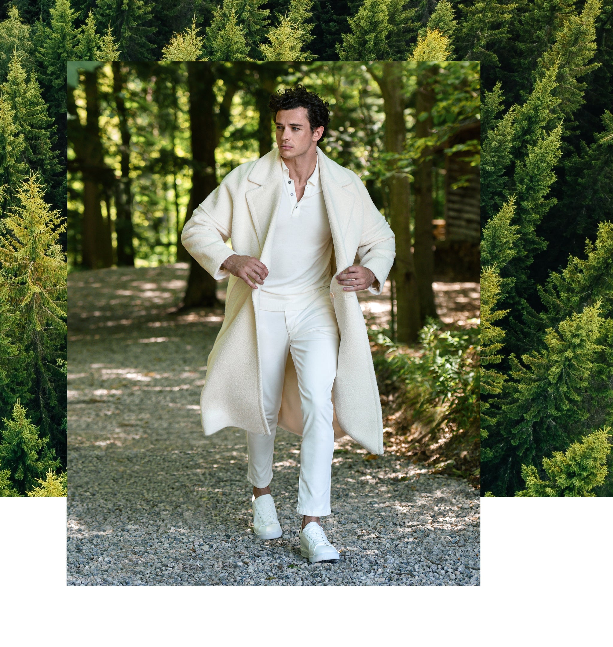 Sentaler Technical Bouclé Alpaca Robe Coat featured in Technical Bouclé Alpaca and available in Ivory. Seen from front on male model who is wearing the coat open and holding the collar.