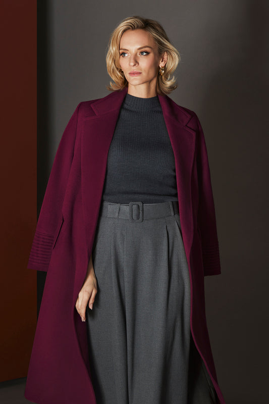 Sentaler Baby Alpaca Long Notched Collar Wrap Plum Berry Coat in Baby Alpaca wool. Seen from front open on female model.