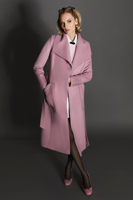 Sentaler Baby Alpaca Long Wide Collar Wrap Peony Pink Coat in Baby Alpaca wool. Seen from front open on female model.