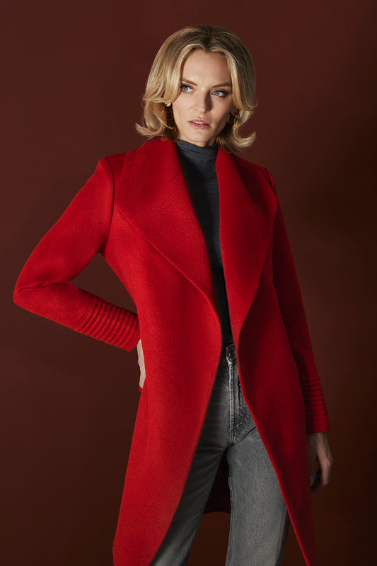 Sentaler Baby Alpaca Mid Length Shawl Collar Wrap Scarlet Red Coat in Baby Alpaca wool. Seen from front open on female model.