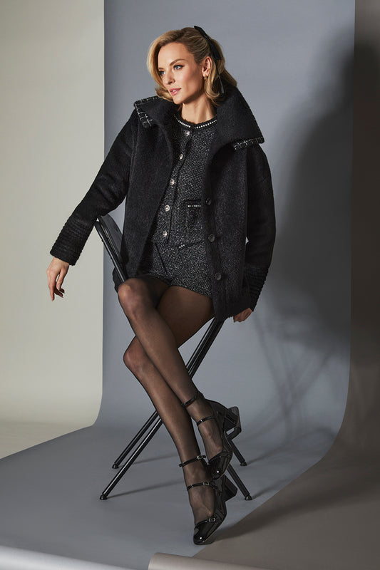 Sentaler Bouclé Alpaca Double Collar Black Bomber in Bouclé Alpaca wool. Seen from front open on female model.