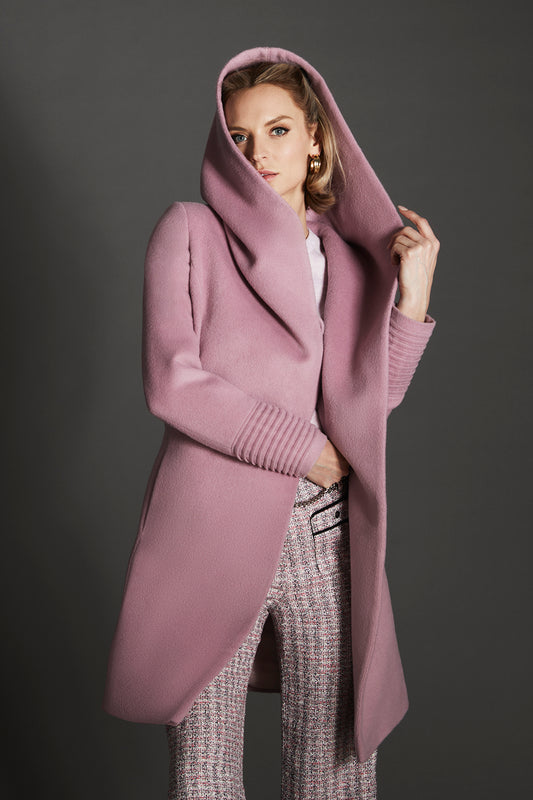 Sentaler Baby Alpaca Mid Length Hooded Wrap Peony Pink Coat in Baby Alpaca wool. Seen from front open on female model.