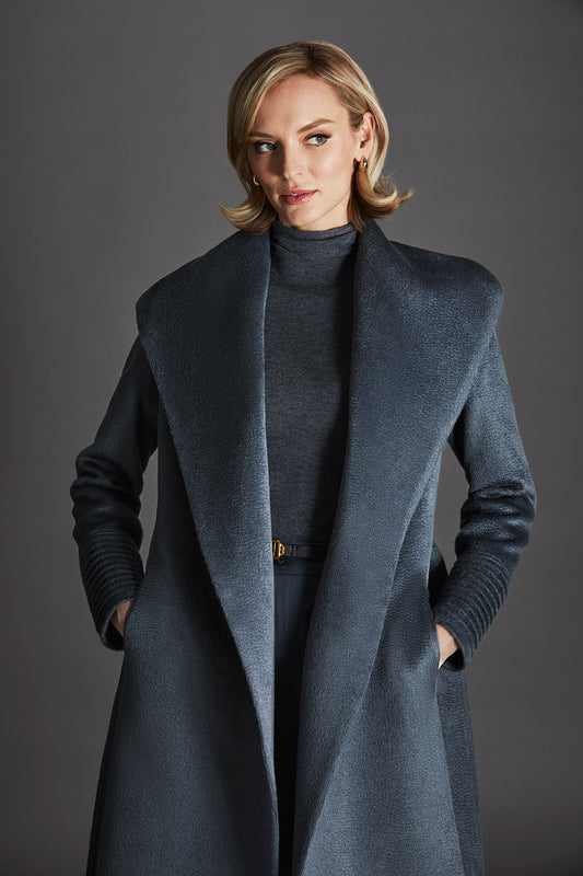 Sentaler Suri Alpaca Long Shawl Collar Wrap Charcoal Coat in Suri Alpaca wool. Seen from front open on female model.