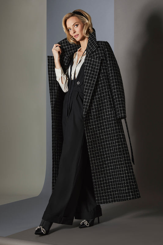 Sentaler Tweed Maxi Notched Collar Wrap Black Check Coat in Tweed Suri Alpaca wool. Seen from side open on female model.