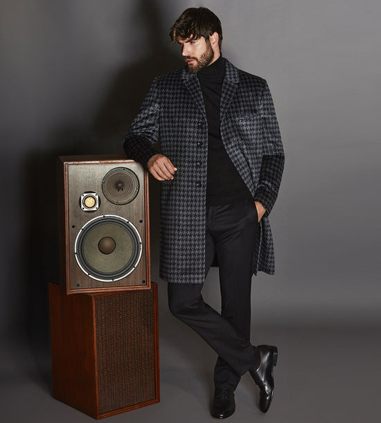 Sentaler Suri Alpaca Notched Lapel Black & Graphite Houndstooth Overcoat in Technical Suri Alpaca wool. Seen from front open on male model.