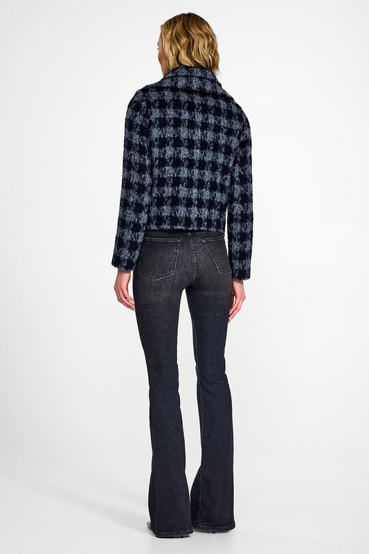 Sentaler Alpaca Double Collar Moto Navy Houndstooth Jacket in Suri Alpaca wool. Seen from back on female model.