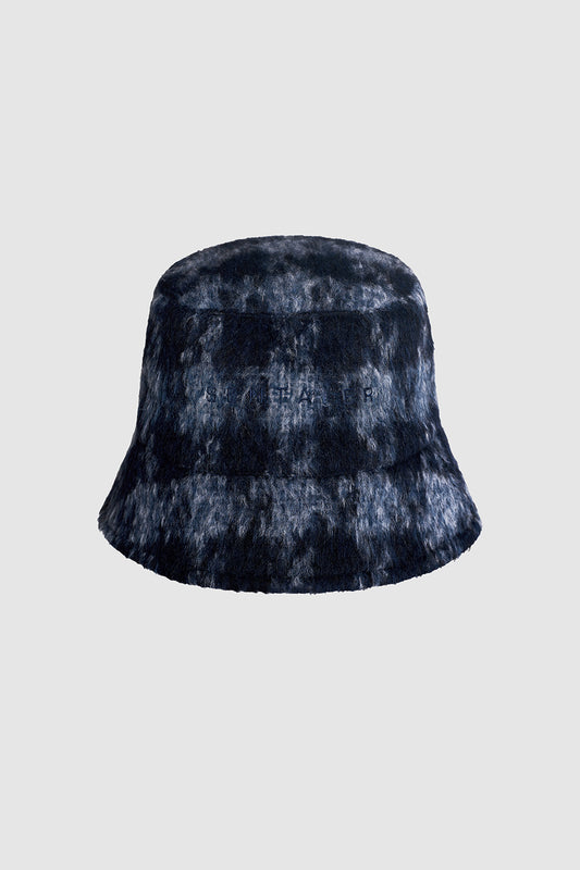 Sentaler Houndstooth Suri Alpaca Bucket Hat featured in Printed Suri Alpaca and available in Navy Houndstooth Pattern. Seen as off figure.