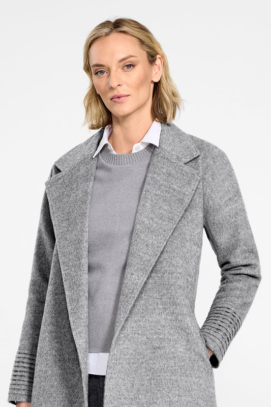 Sentaler Long Notched Collar Raglan Sleeve Wrap Shale Grey Coat in Baby Alpaca wool. Seen from front open close up on female model.