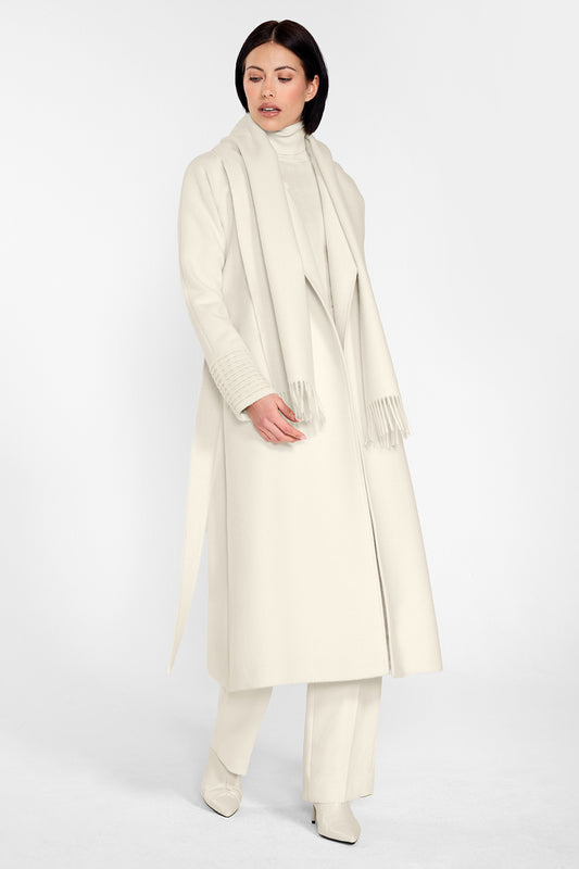 Sentaler Long Notched Collar Raglan Sleeve Wrap Coat and Baby Alpaca Classic Scarf featured in Baby Alpaca and available in Ivory White. Seen from side open on female model.