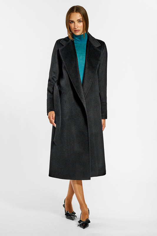 Sentaler Long Notched Collar Wrap Coat crafted in Baby Alpaca wool and in Black. Seen from front open on female model.