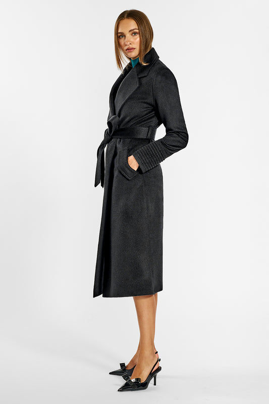 Sentaler Long Notched Collar Wrap Coat crafted in Baby Alpaca wool and in Black. Seen from side on female model.