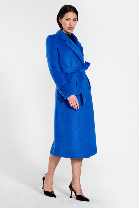 Sentaler Long Notched Collar Wrap Coat crafted in Baby Alpaca wool and in Cobalt Blue. Seen from side on female model.