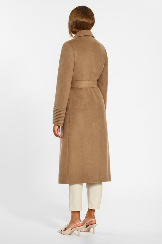 Sentaler Long Notched Collar Wrap Coat crafted in Baby Alpaca wool and in Dark Camel. Seen from back on female model.